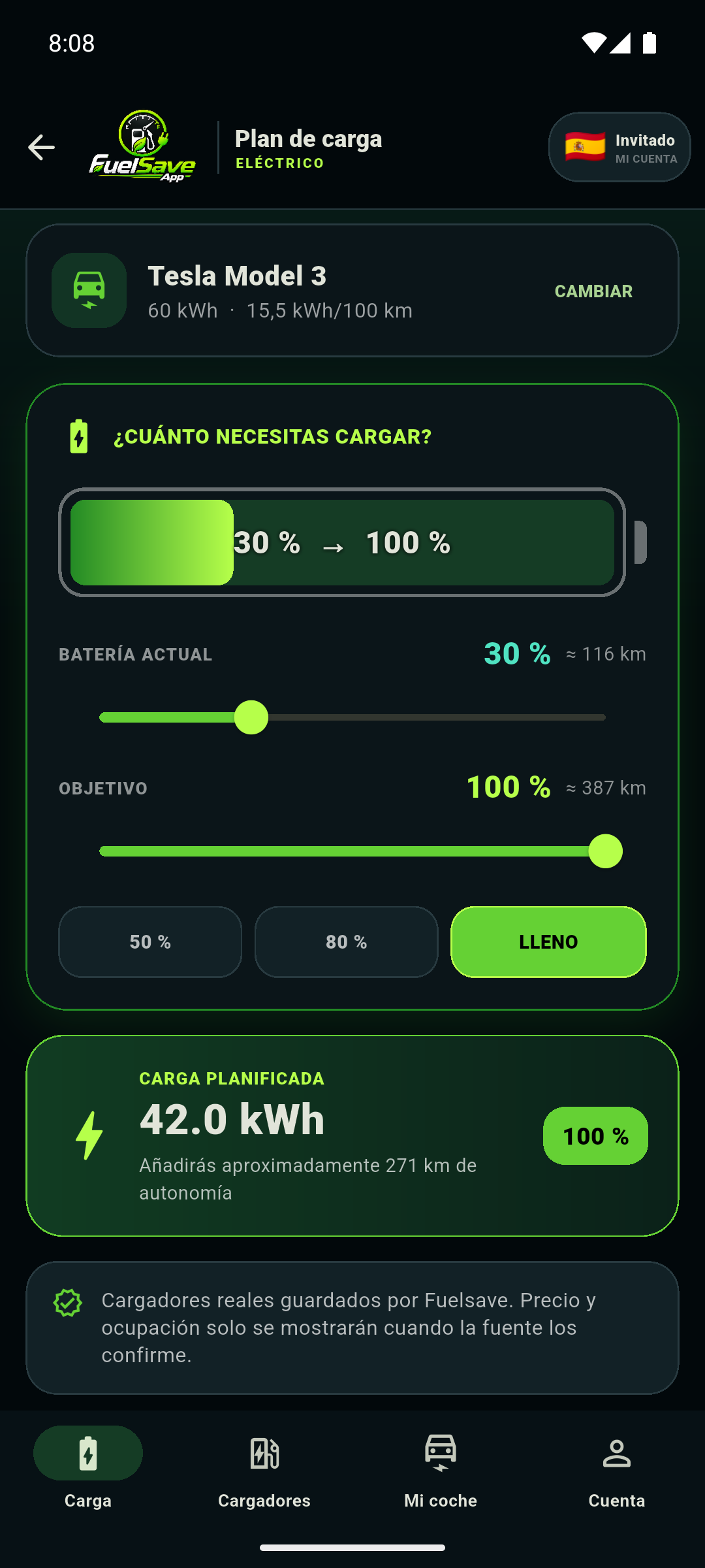 Plan de carga eléctrica en FuelSave