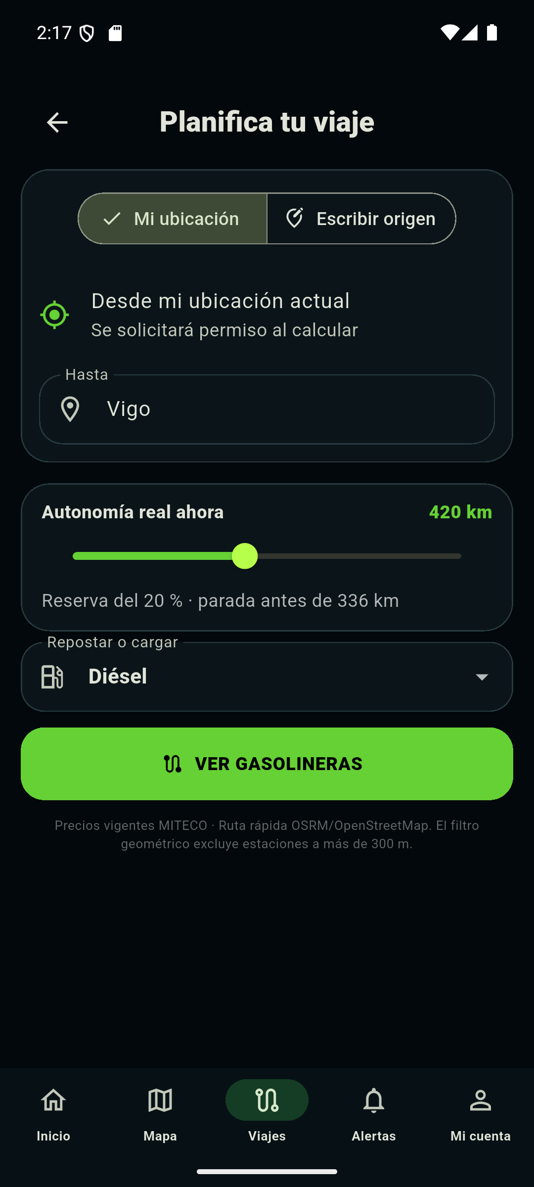Planificador de viajes FuelSave, sin precios publicados